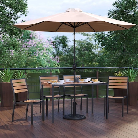 Flash Furniture Faux Teak 30x48 Table-Tan Umbrella-Base-4 Chairs XU-DG-304860364-UB19BTN-GG